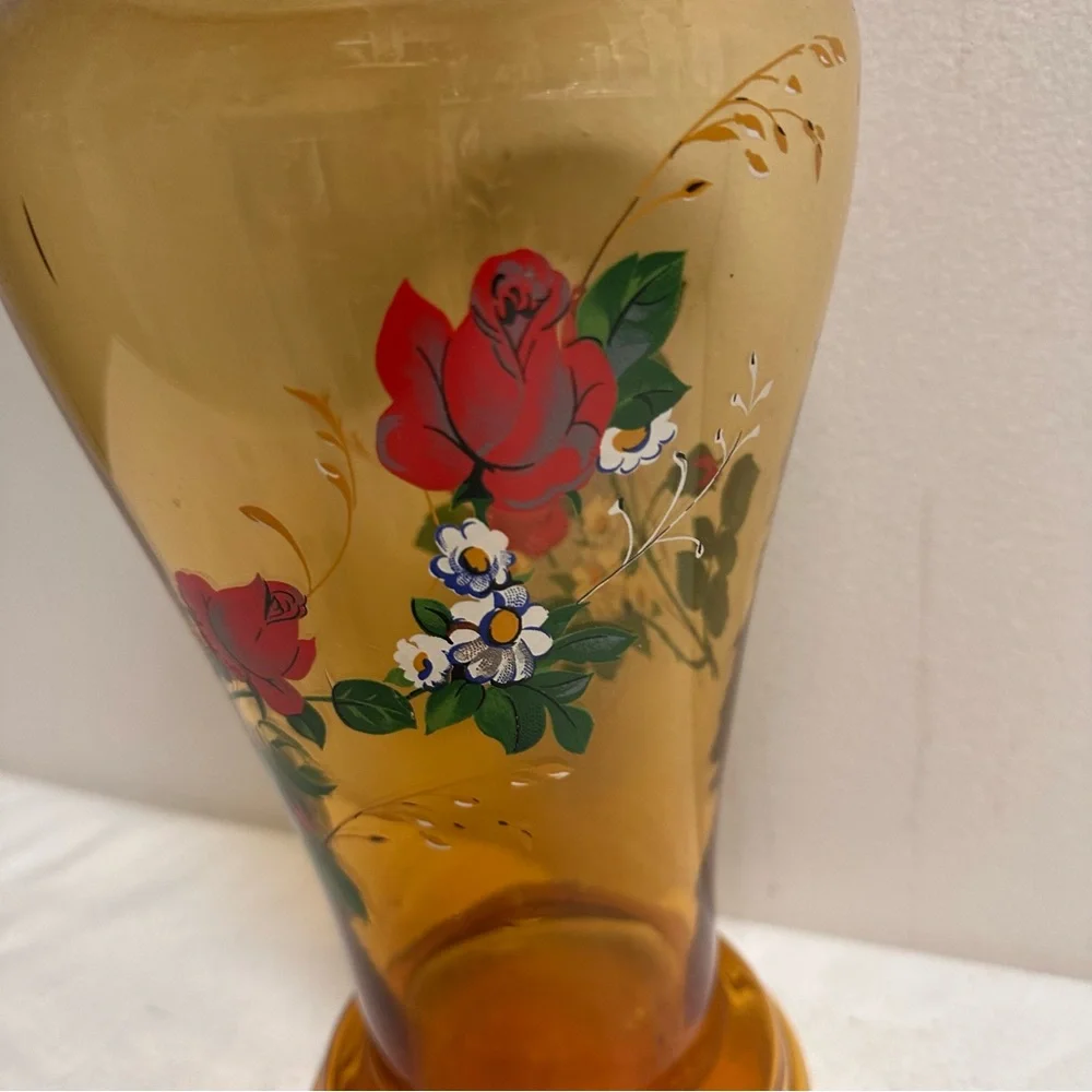 Vintage Italian Amber Glass Vase with Red Rose Floral Design and Gold Trim 17”H